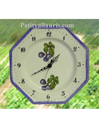 Horloge-pendule octogonale murale en faïence blanche décor figues violettes 