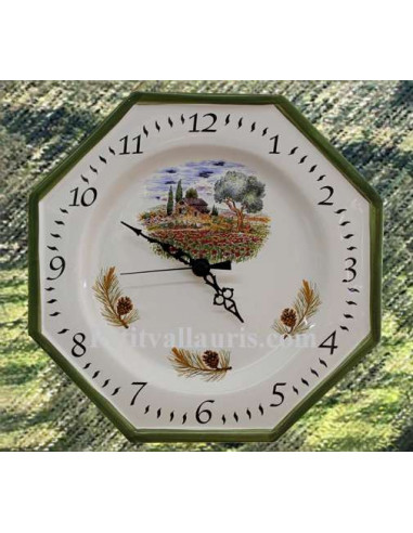 Horloge-Pendule murale en faïence blanche modèle octogonale collection provence décor champ coquelicots bord vert