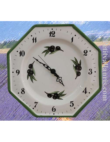 Horloge-Pendule murale en faïence blanche modèle octogonale collection provence décor olives noires