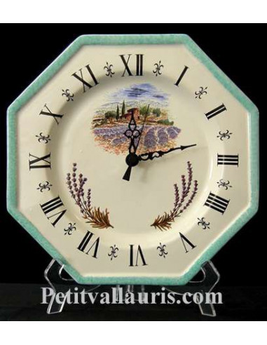 Horloge-Pendule murale en faïence blanche modèle octogonale collection provence moulin et récolte des lavande bordure turquoise