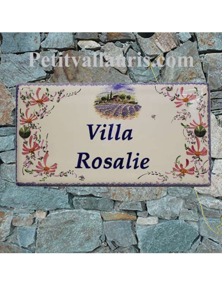 Grande Plaque de Maison rectangulaire en céramique décor fleurs roses et paysage provençal + personnalisation