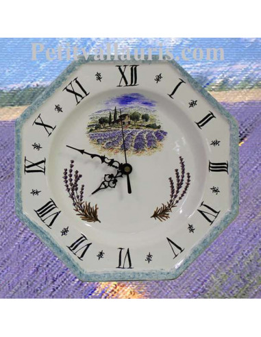 Horloge-Pendule murale en faïence blanche modèle octogonale collection provence décor champ de Lavande et bord gris