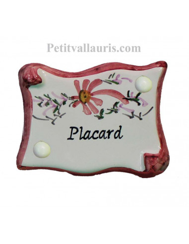Plaque de porte en faience émaillée blanche modèle parchemin décor artisanal fleurs roses inscription Placard 