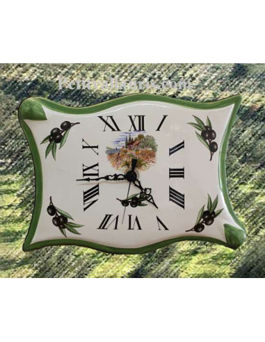 Horloge-pendule murale en faïence modèle parchemin décor brins d'olives et paysages bord de mer