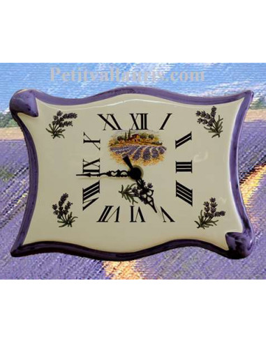 Horloge-pendule murale en faïence modèle parchemin décor bastide et champs de lavande