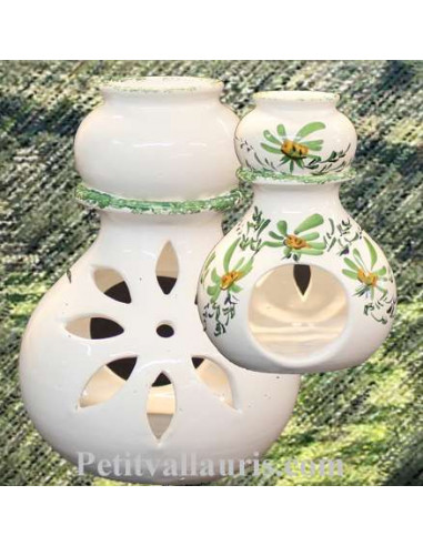 Brûle-bruleur de parfum en faïence blanche décor artisanal fleurs vertes