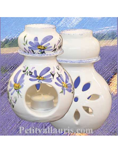 Brûle-bruleur de parfum en faïence blanche décor artisanal fleurs bleu