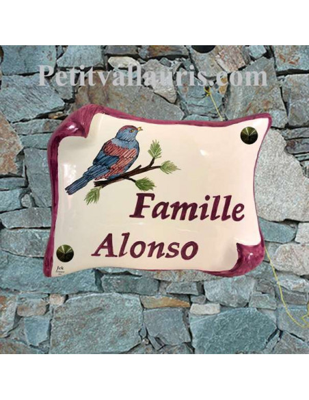 Plaque de Maison en faience modèle parchemin motif artisanal oiseau ton rose + inscription personnalisée