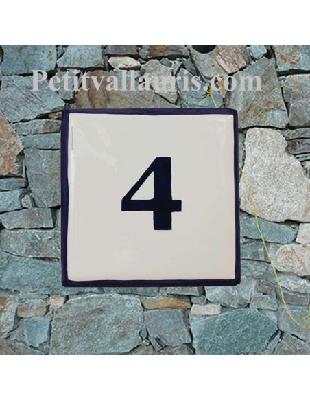 Numéro de maison en faience avec chiffre ou lettre + bord bleu pose horizontale