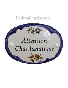 Plaque de porte en faience blanche modèle ovale bord couleur bleu décor fleurs polychrome avec personnalisation