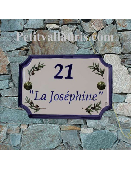 Plaque de Maison en céramique aux angles incurvés motif brins d'olives et inscription personnalisée