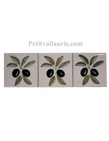 Décor sur carreau mural 10x10 cm en faience blanche pose classique motif artisanal brin d'olives noires