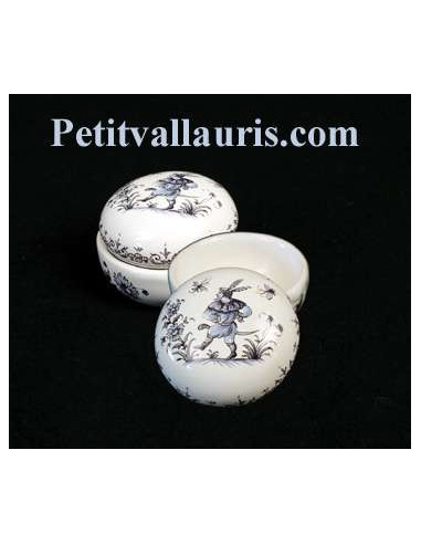Petite Boîte à bijoux en faience blanche forme ronde motif tradition bleu