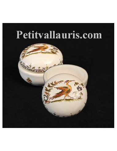 Petite Boîte à bijoux en faience blanche forme ronde motif tradition polychrome