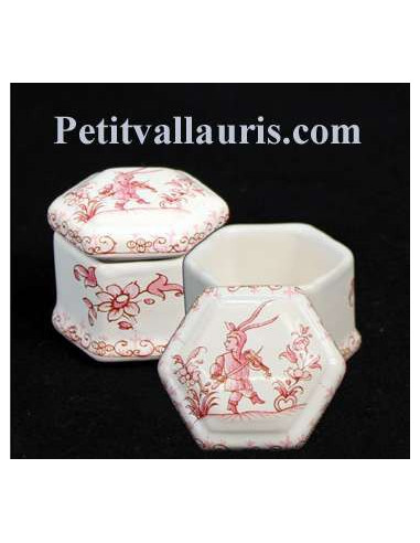 Boîte miniature de forme hexagonale en faience blanche motif tradition rose