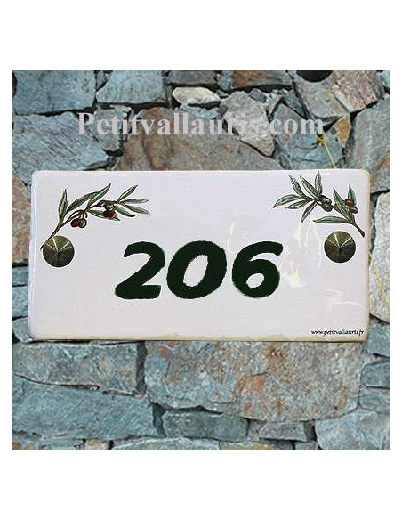 Plaque chiffre de maison faience émaillée motif brins d'olives chiffre personnalisé vert