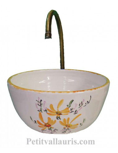 Mini Vasque bol ronde en faience blanche motif artisanal fleurs jaunes foncé