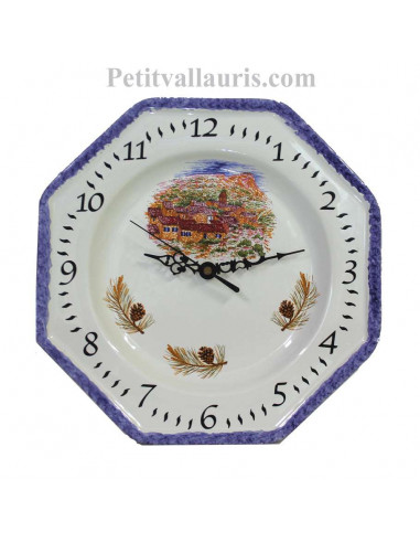 Horloge-Pendule murale en faïence blanche modèle octogonale collection provence décor village du var avec bordure bleu
