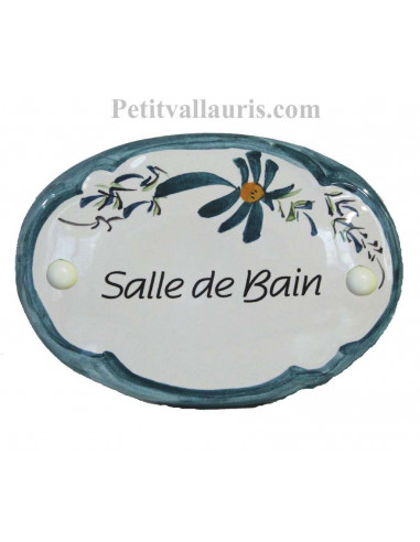 Plaque de porte modèle ovale décor tradition fleurs bleues canard avec inscription Salle de bain