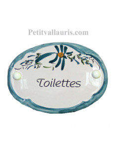 Plaque de porte modèle ovale décor tradition fleurs bleues canard avec inscription Toilettes
