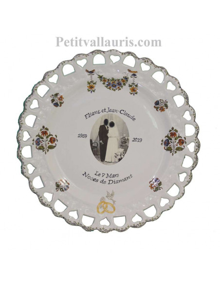 Assiette de Mariage en faience blanche modèle Tournesol motif polychome avec photo et texte personnalisés