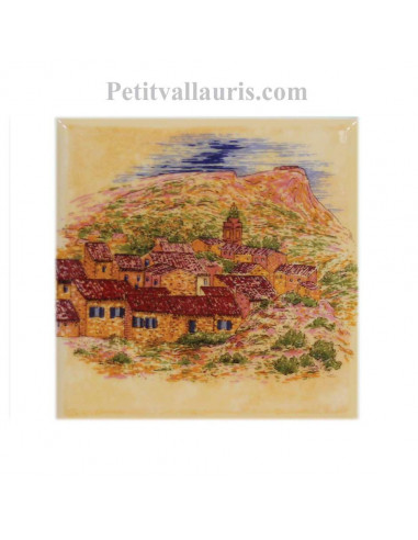Décor sur carreau mural 10x10 cm en faience jaune-ocre motif village du Var