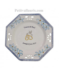 Grande assiette anniversaire de Mariage modèle octogonale personnalisée décor fleurs de frangipanier 