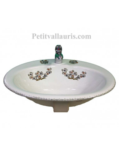Vasque ovale en porcelaine blanche à encastrer décor bouquets de fleurs polychrome