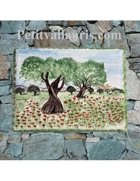 plaque pour maison céramique décor artisanal champs d'oliviers et de coquelicots + inscription couleur verte