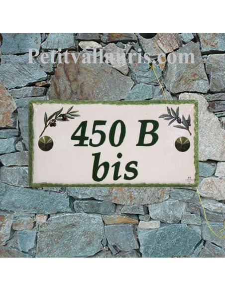 Plaque de maison faience émaillée décor brins d'olives inscription personnalisée verte