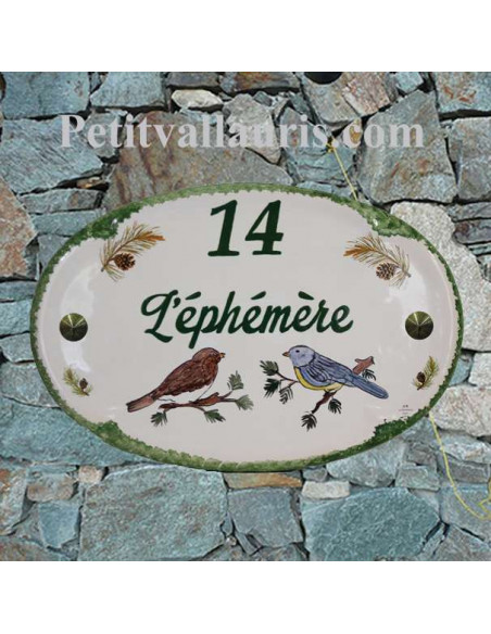 Plaque en céramique émaillée pour maison de forme ovale décor artisanal Petits Oiseaux + personnalisation