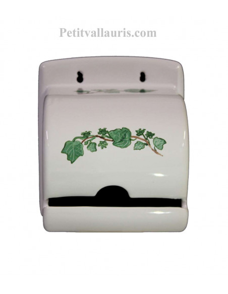 Dérouleur-dévidoir de papier toilette fermé en faience blanche motif artisanal lierre décor porcelaine de paris