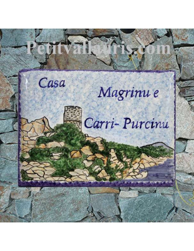 plaque pour maison céramique décor artisanal tour Génoise et littoral ile de la corse + inscription personnalisée