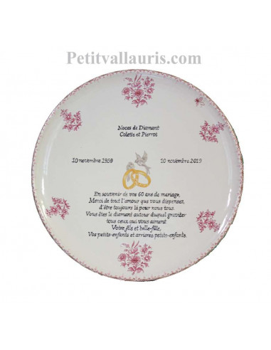 plat rond pour souvenir Mariage décor fleurs roses et inscriptions personnalisées
