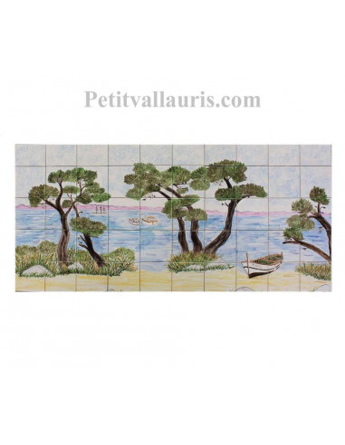 Fresque murale sur carrelage en faience décor artisanal motif bord de mer 47 x 100