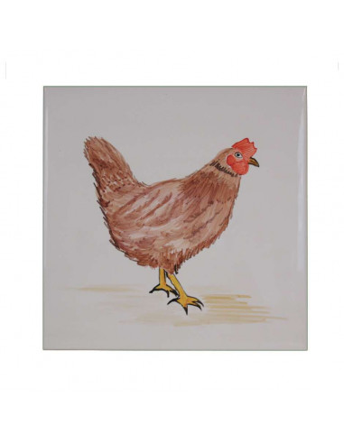 Carreau mural en faience blanche avec motif artisanal la poule rousse