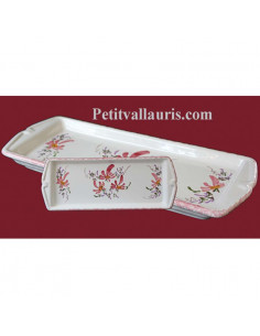 Plat à cake rectangulaire en faïence blanche décor artisanal Fleuri rose
