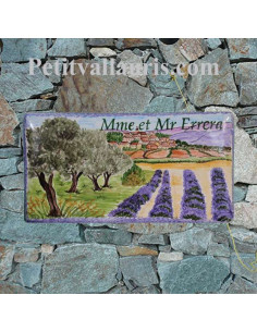 Plaque de Maison en céramique émaillée décor artisanal champs oliviers et lavandes + village provence + personnalisation