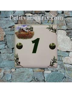 Plaque numéro de maison en faience émaillée motifs cabanon et brins d'olive chiffre + personnalisé  vert
