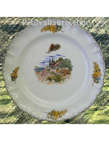 Assiette modèle Louis XV plate en faience blanche décor olivier, mer et cabanon