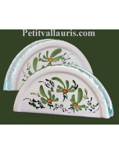 Porte serviette de table en faience blanche décor artisanal fleurs vertes