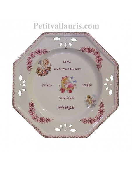 Grande assiette décorative en faience pour souvenir de naissance modèle octogonale motif ange coloris rose (fille)
