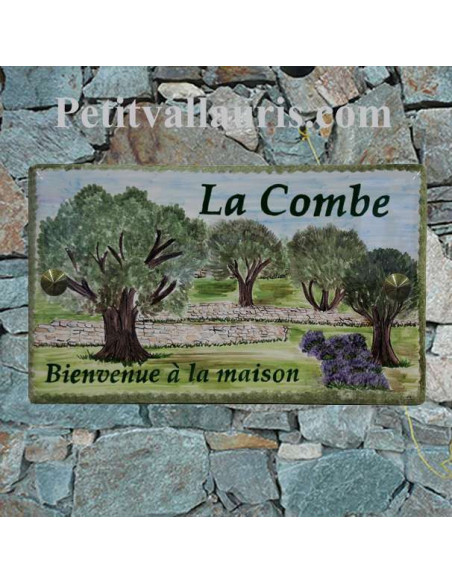 Plaque de Maison rectangle en céramique émaillée décor artisanal motif oliviers et restanques inscription personnalisée