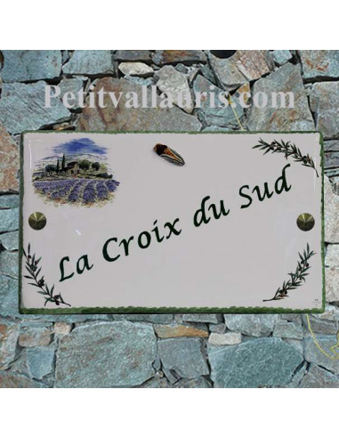 Plaque de villa rectangle en céramique décor cabanon champs de lavande + brins d'olives au + cigale relief + personnalisation
