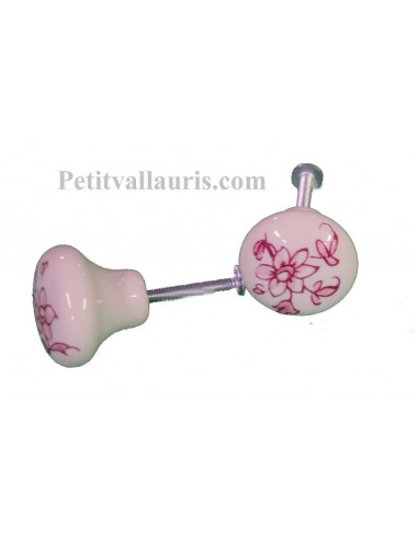 Bouton de tiroir en porcelaine blanche décor fleurs camaieux de rose (diamètre 30 mm)
