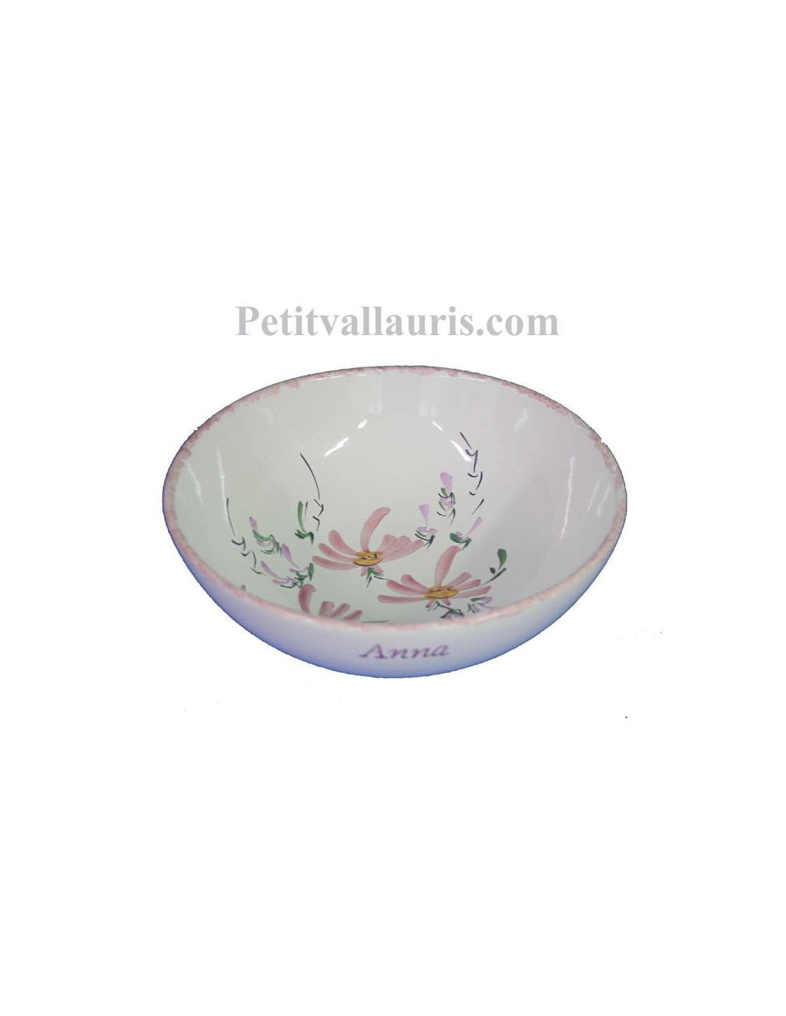 Assiette en faience blanche creuse à soupe pour enfant décor motifs  artisanaux Fleurs roses avec personnalisation