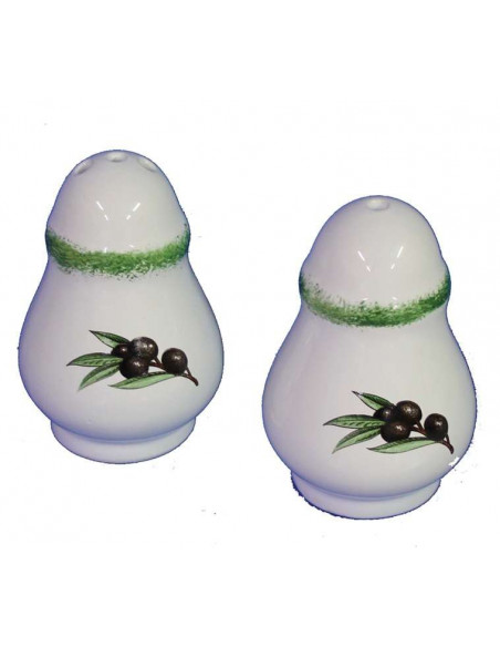 Poivrière ronde en faience blanche motif olives noires (à l'unité)