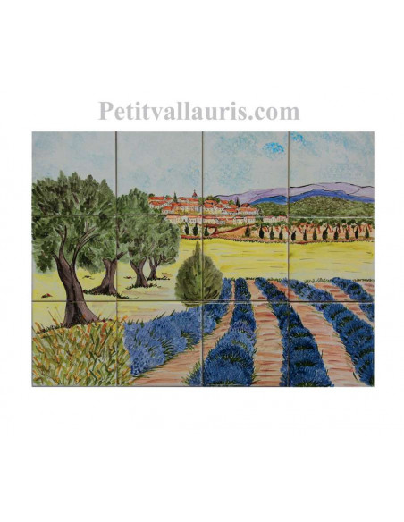 Fresque murale sur carreaux de faience décor artisanal modèle Village Champ de lavande et oliviers 30x40