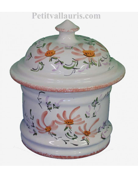 Pot de Salle de bain et à coton en faience blanche motif artisanal fleurs beiges- saumon