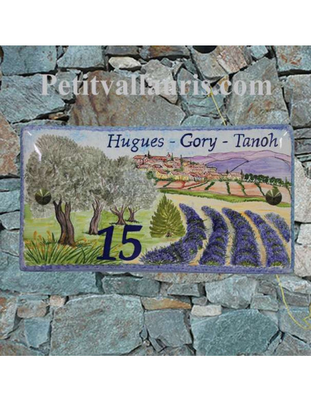 Plaque de Maison en céramique émaillée décor artisanal champs oliviers et lavandes + village provence + personnalisation